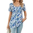 thumbnail image 1 of SLADYGLO Women Floral Print Scoop Neck Buttons Short Sleeve Pleated Curved Hem T-Shirt, 1 of 7