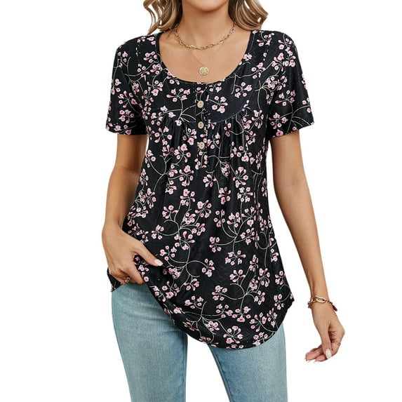 SLADYGLO Women Floral Print Scoop Neck Buttons Short Sleeve Pleated Curved Hem T-Shirt