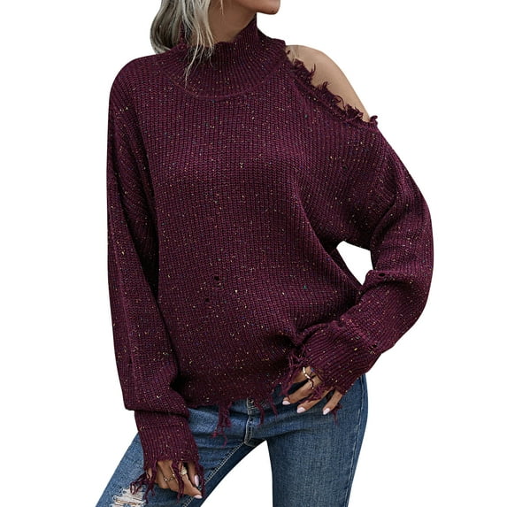 SLADYGLO Women High Neck Cold Shoulder Fringe Frayed Ripped Knit Sweater