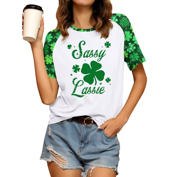 SLADYGLO Women Letters Shamrock Printed Crew Neck Raglan Short Sleeve T-Shirt