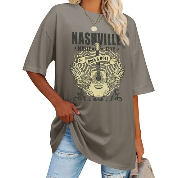SLADYGLO Women Oversized Rock And Roll Letter Print Nashville Music City Guitar Wings Graphic Tee Shirts