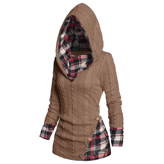 SLADYGLO Women Plaid Splicing Cowl Neck Long Sleeve Button Cable Knit Hood Sweater