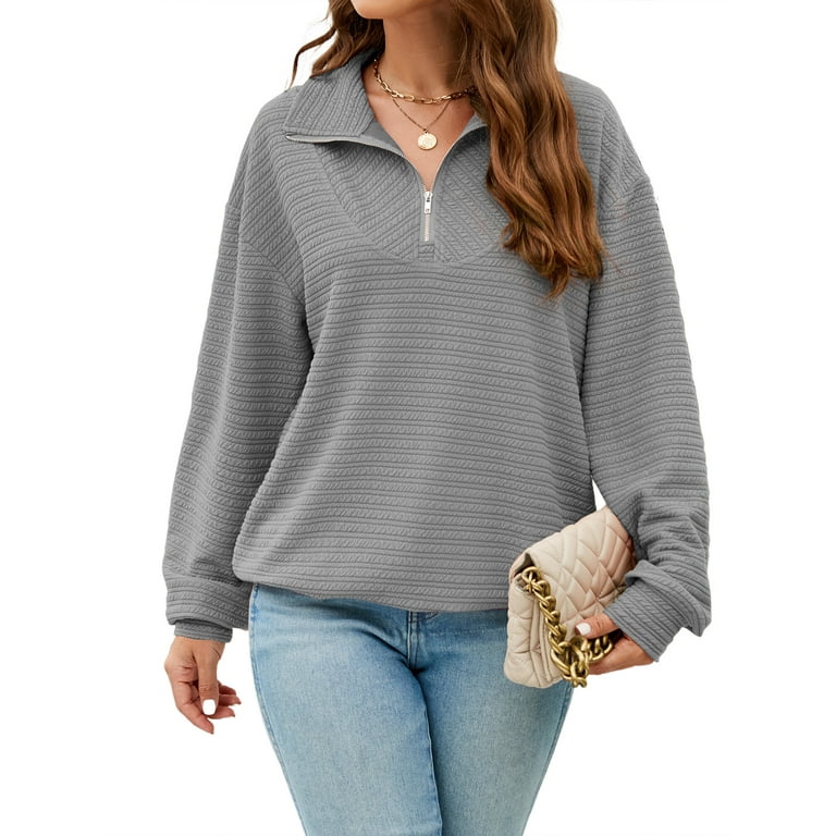 SLADYGLO Women Quarter Zip Up V Neck Drawstring Hem Long Sleeve Sweatshirt