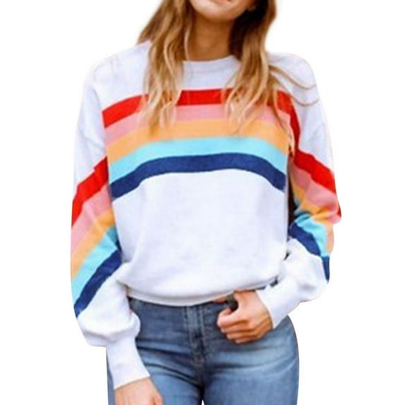 SLADYGLO Women Rainbow Striped Crew Neck Long Sleeve Sweatshirt