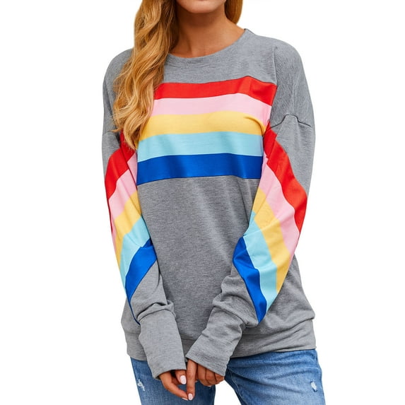 SLADYGLO Women Rainbow Striped Crew Neck Long Sleeve Sweatshirt