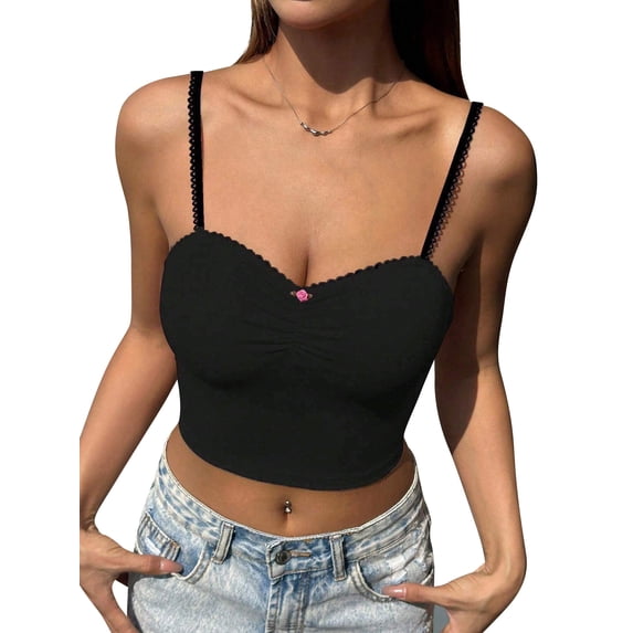 SLADYGLO Women Scalloped Trim Sweetheart Neck Sleeveless Cropped Tank Top