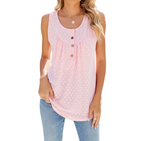 SLADYGLO Women Scoop Neck Buttons Decorative Sleeveless Cutout Tank Top