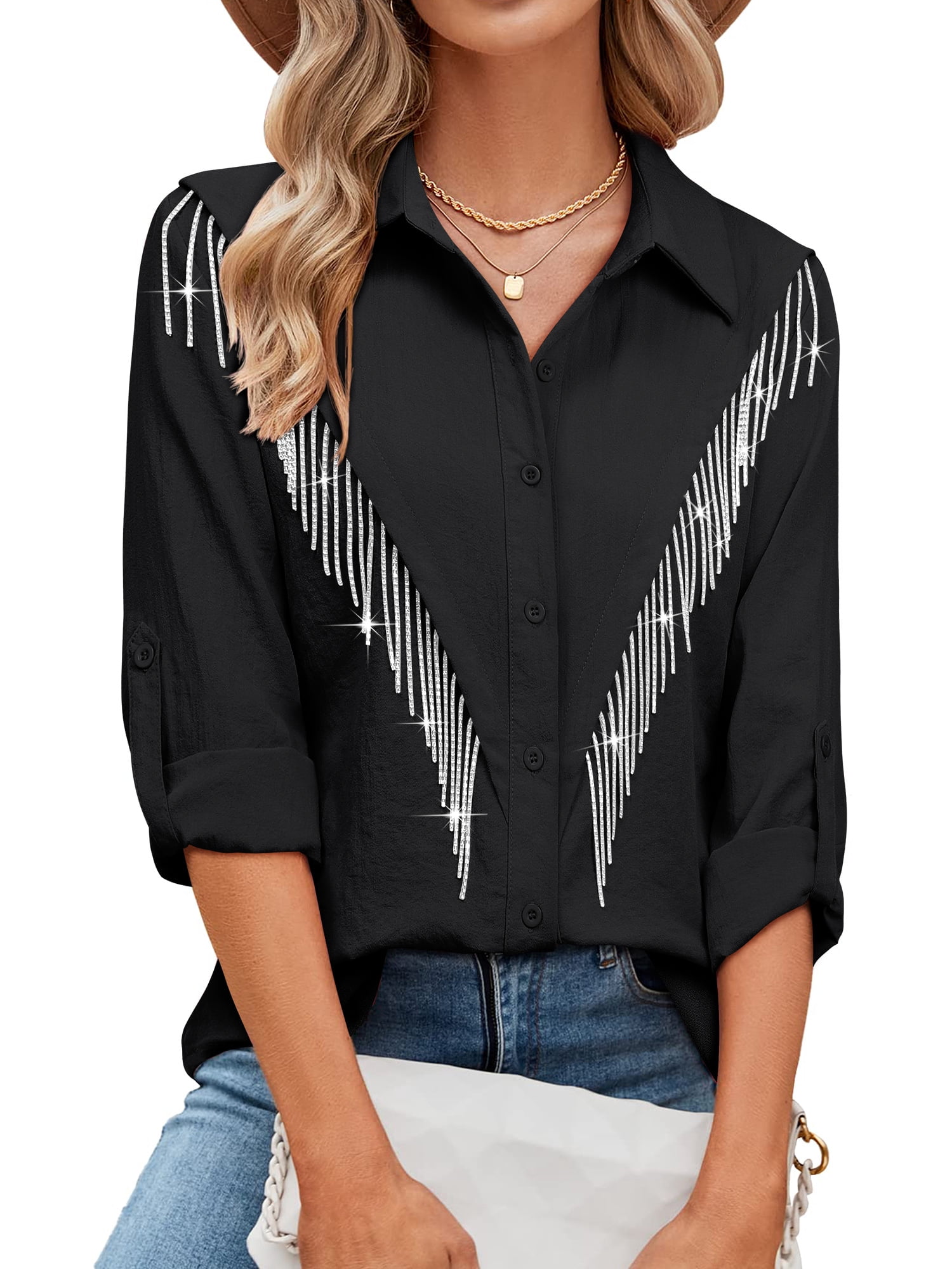 Crushed Long Sleeve Blueberry Shirt with Rhinestones main image 1