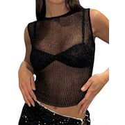 SLADYGLO Women Sparkly Sheer Crochet See-Through Crew Neck Cropped Tank Top