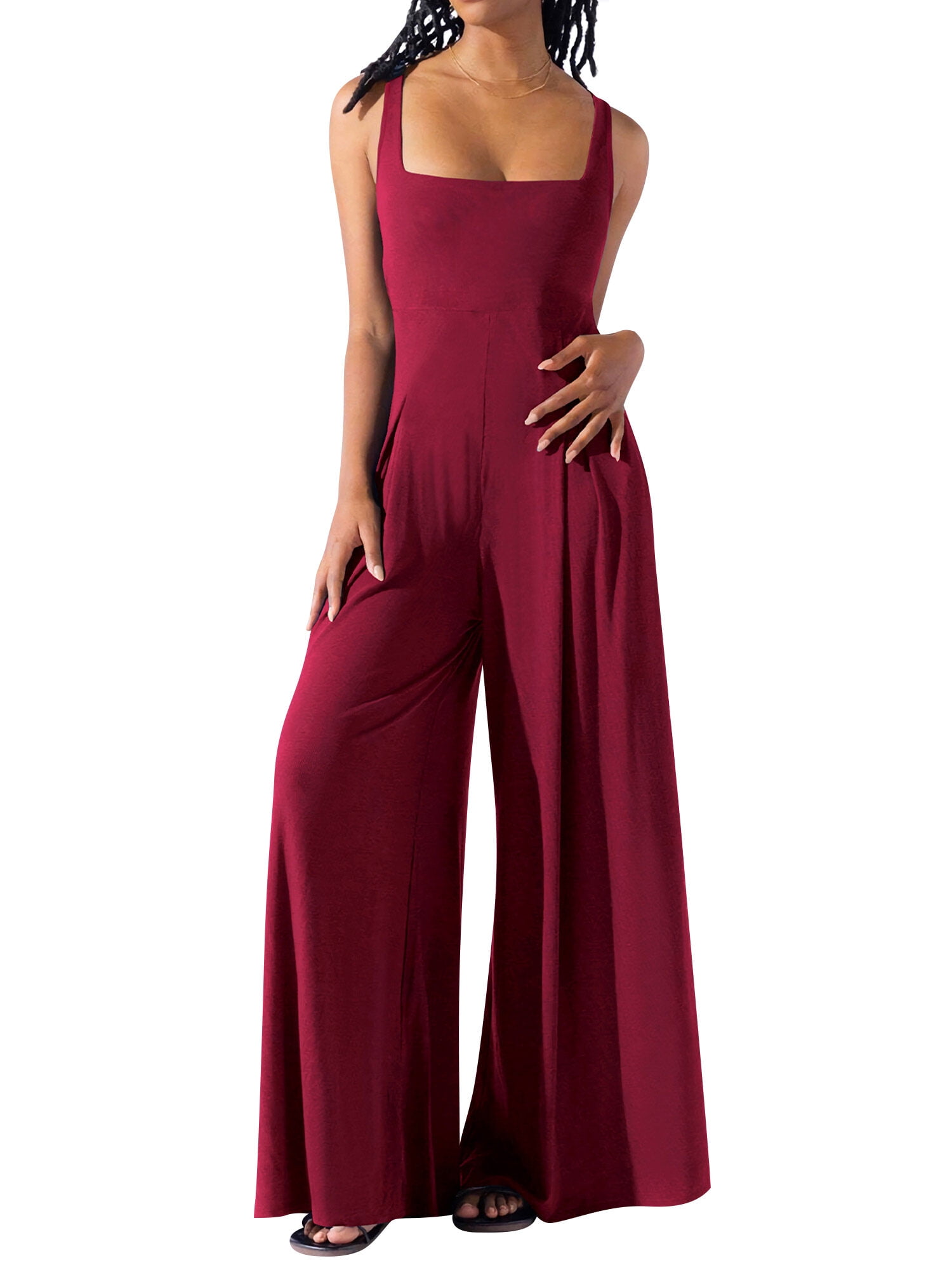 Womens V-neck Sleeveless Wide-leg Jumpsuit