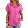 thumbnail image 1 of SLADYGLO Women Textured Lapel Collar Button Down Rolled Short Sleeve Shirt, 1 of 7