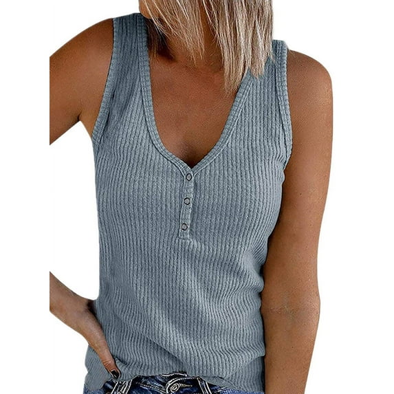 SLADYGLO Women V Neck Sleeveless Buttons Down Ribbed Tank Top