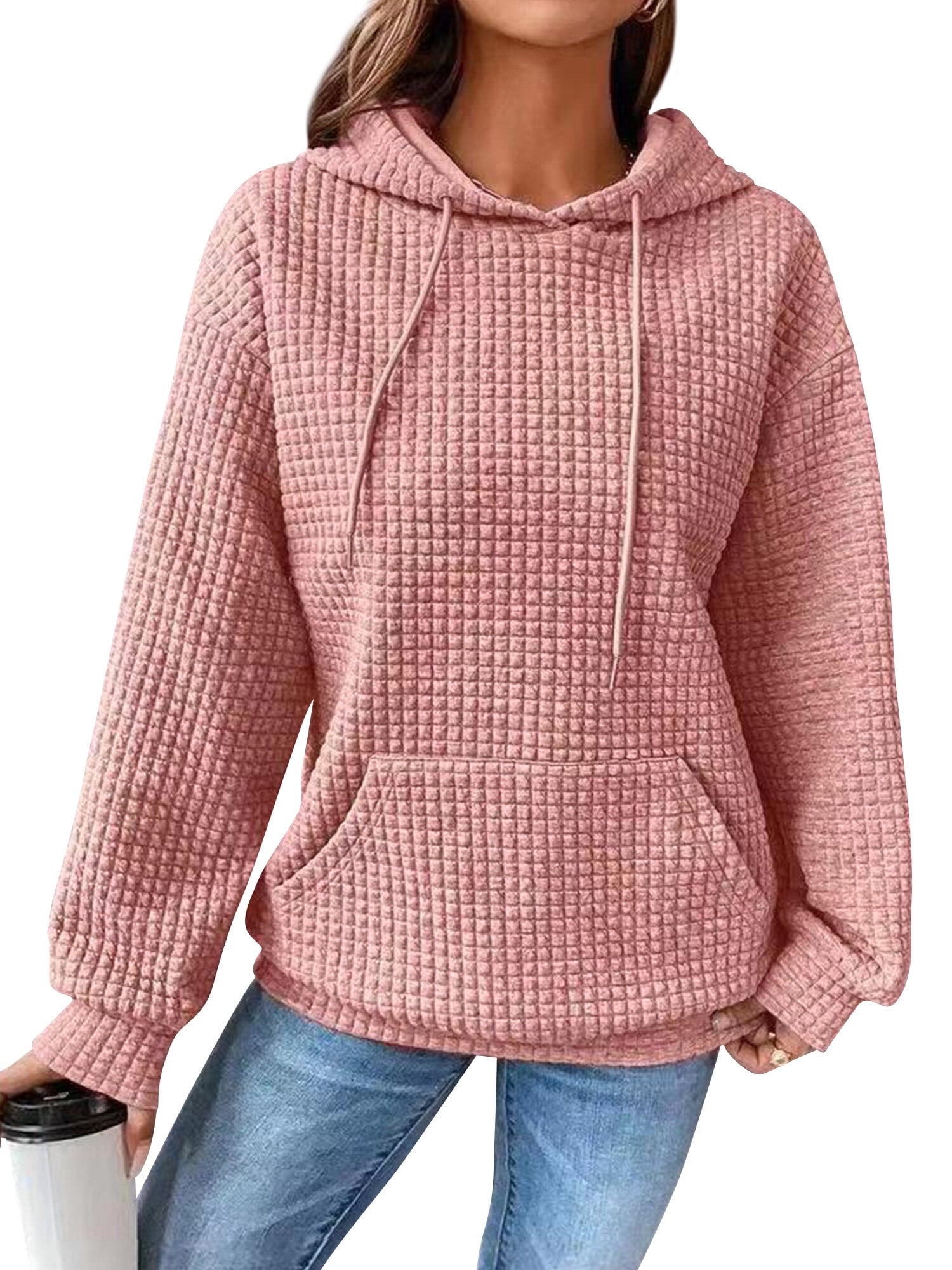 SLADYGLO Women Waffle Long Sleeve Drawstring Hoodie With Pocket