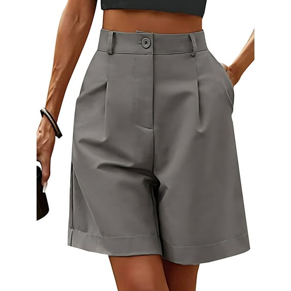 SLADYGLO Women Zipped Button Pleated Side Pockets Wide Leg Rolled Hem Cropped Pants