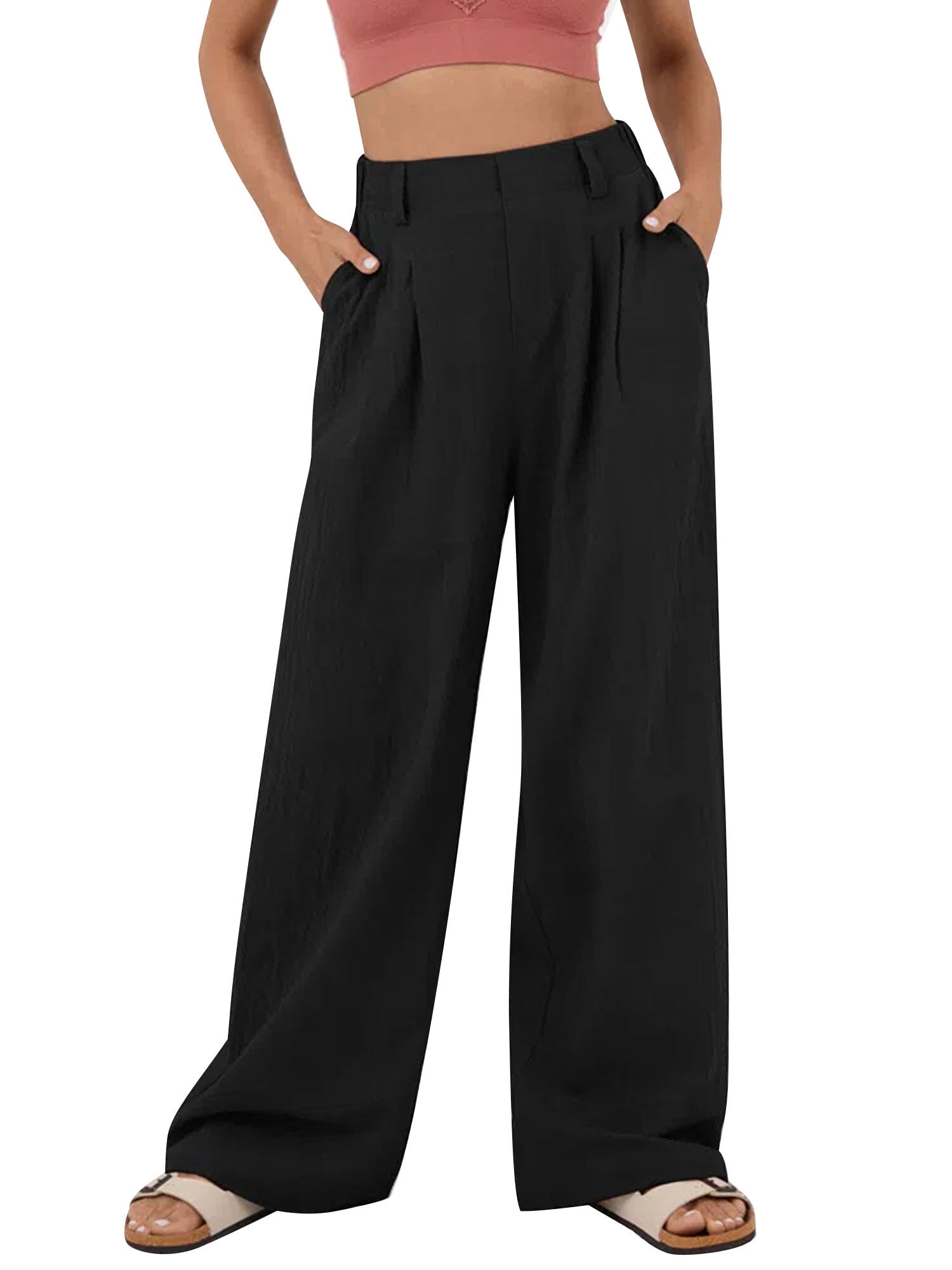 Elastic Waist Wide Leg Pants with Pockets