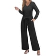 thumbnail image 1 of SLADYGLO Womens Solid Color Romper V Neck Long Sleeve Tie Waist Wide Leg Pants Jumpsuit With Pockets, 1 of 4