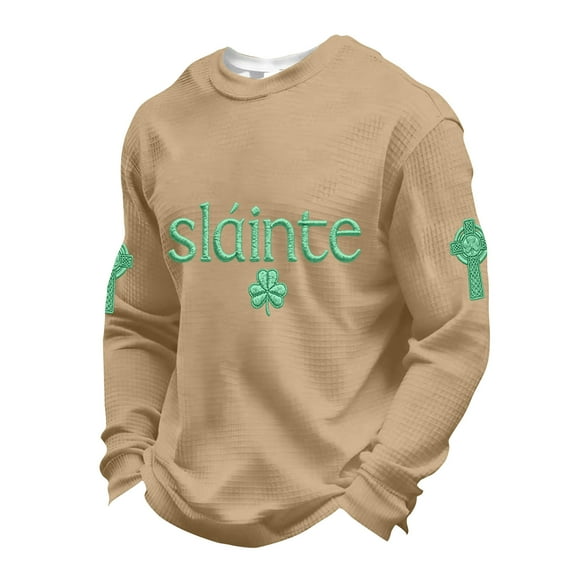 SLAINTE Men's Casual Saint Patrick Printed Top, Holiday Themed Short Sleeve Shirt for St. Patrick's Day Celebration,Khaki,S