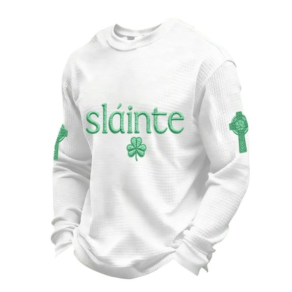 SLAINTE Men's Casual Saint Patrick Printed Top, Holiday Themed Short Sleeve Shirt for St. Patrick's Day Celebration,White,L