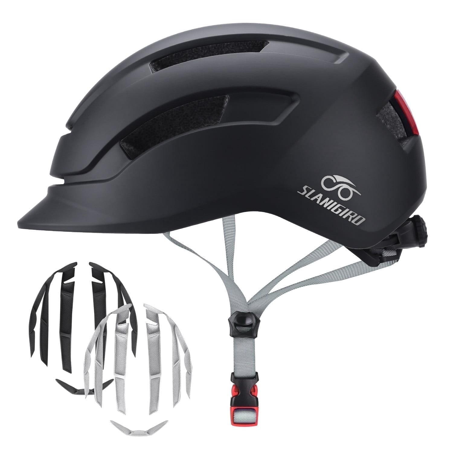 SLANIGIRO Adult Bike Helmet with Light - Commuter Bicycle Road Cycling Helmet with Replacement Pads for Men Women Black