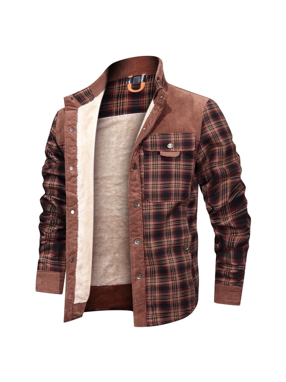 Fexilor Men's Corduroy Plaid Sherpa Lined Flannel Shirt Jacket Fleece Coat,Size S-3XL