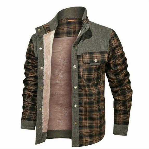 Fexilor Men's Corduroy Plaid Sherpa Lined Flannel Shirt Jacket Fleece Coat,Size S-3XL