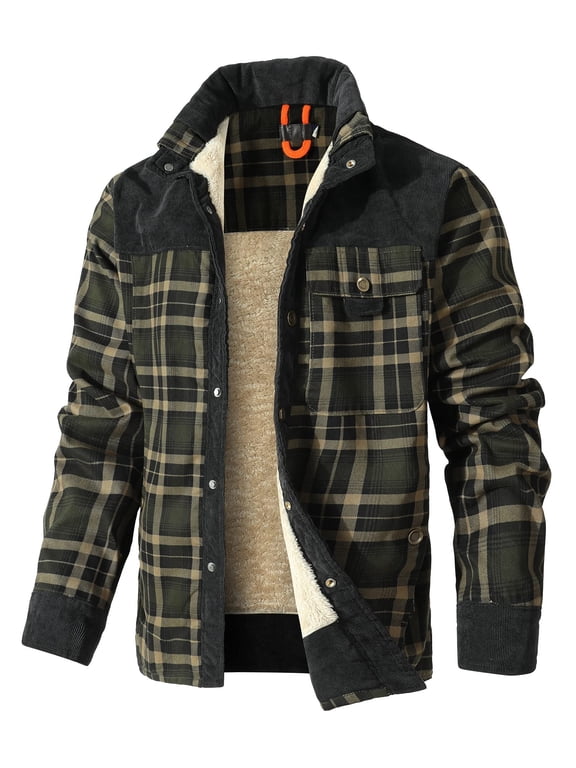 Men's Corduroy Plaid Sherpa Lined Flannel Shirt Jacket Fleece Coat,Size S-3XL