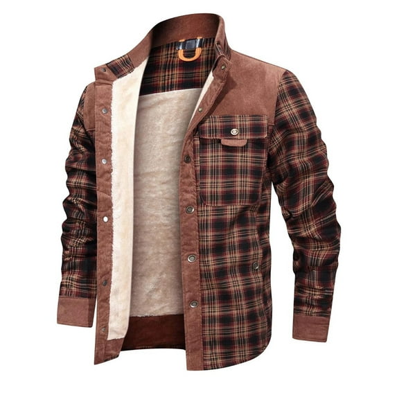 Fexilor Men's Corduroy Plaid Sherpa Lined Flannel Shirt Jacket Fleece Coat,Size XL
