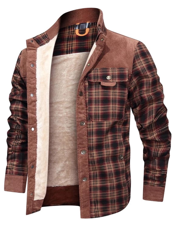 Fexilor Men's Corduroy Plaid Sherpa Lined Flannel Shirt Jacket Fleece Coat,Size S-3XL