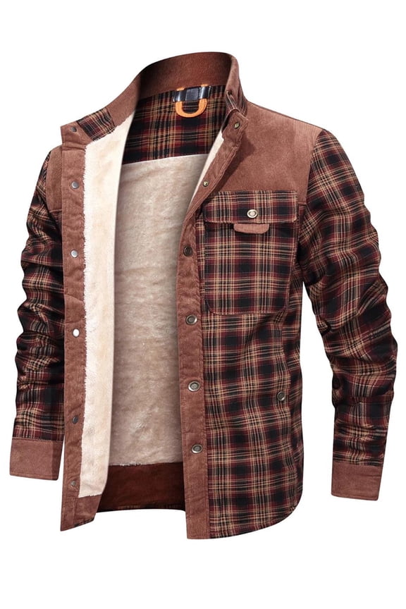 Fexilor Men's Corduroy Plaid Sherpa Lined Flannel Shirt Jacket Fleece Coat,Size XL