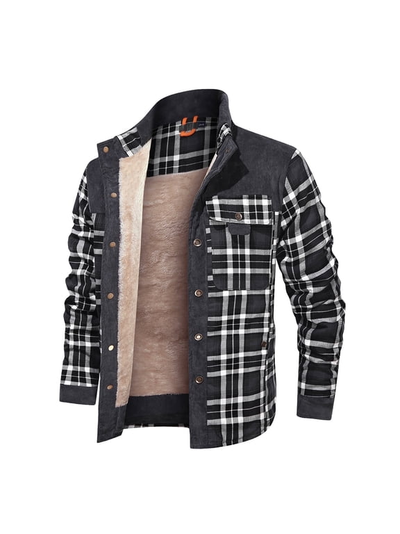 Fexilor Men's Corduroy Plaid Sherpa Lined Flannel Shirt Jacket Fleece Coat,Size S-3XL
