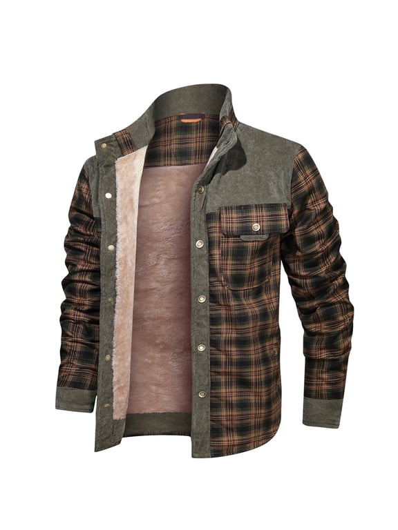 Fexilor Men's Corduroy Plaid Sherpa Lined Flannel Shirt Jacket Fleece Coat,Size S-3XL