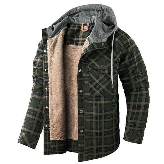 Fexilor Men's Flannel Shirt Jacket with Hood Long Sleeve Fleece Coat,Size 2XL