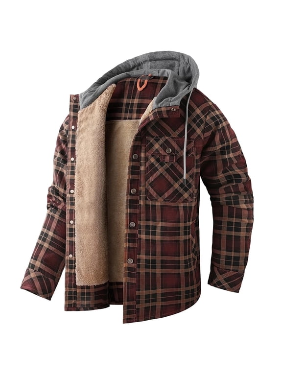 Fexilor Men's Flannel Shirt Jacket with Hood Long Sleeve Fleece Coat,Size 2XL
