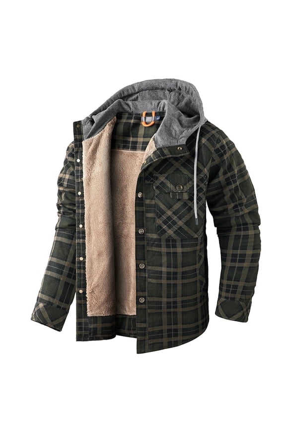 Fexilor Men's Flannel Shirt Jacket with Hood Long Sleeve Fleece Coat,Size L
