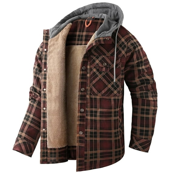 Fexilor Men's Flannel Shirt Jacket with Hood Long Sleeve Fleece Coat,Size S
