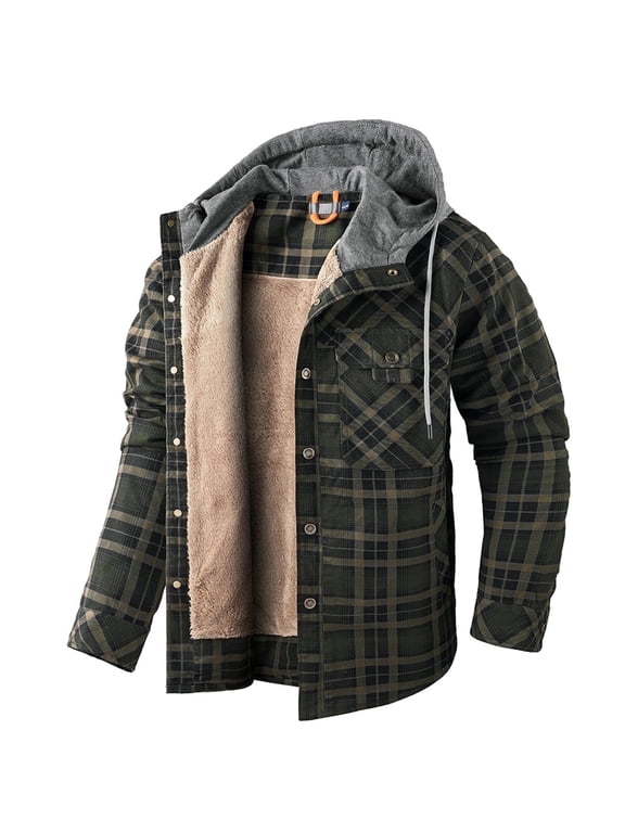 Fexilor Men's Flannel Shirt Jacket with Hood Long Sleeve Fleece Coat,Size XL