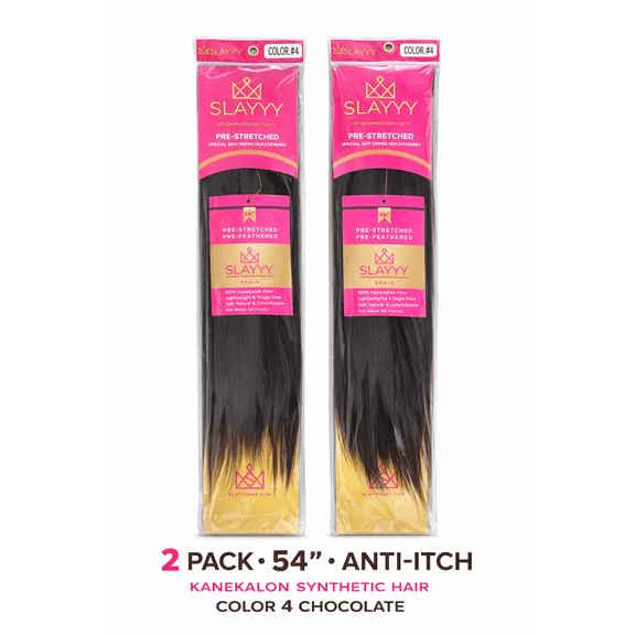 SLAYYY Pre-Stretched Braiding Hair 54 Inch 2-Pack Kanekalon Anti-Itch Pre-Feathered Hair Extensions for Box Braids & Knotless Styles, Hot Water Set, Color 4 Chocolate