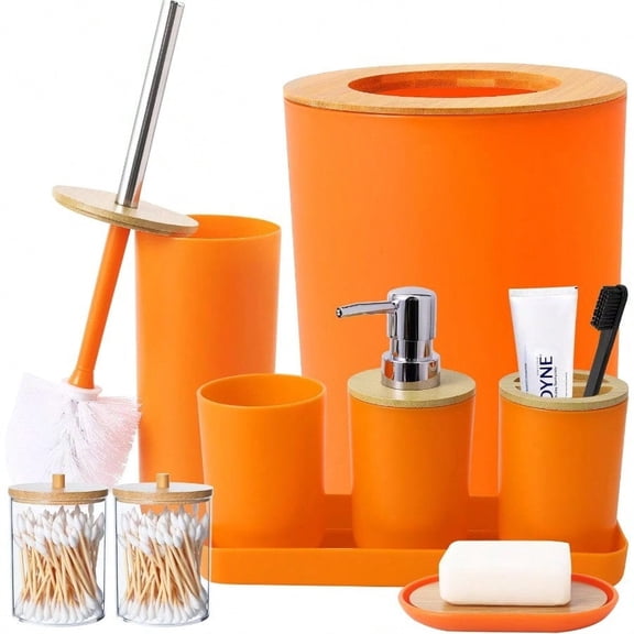 SLDIYWOW 9 Pieces Orange Bathroom Accory Set Plastic Bathroom Accories Set with Trash Can Soap Dispenser Toothbrush Holder Toothbrush Cup Soap Dish Toilet Brush and Qtip Holders for Bathroom