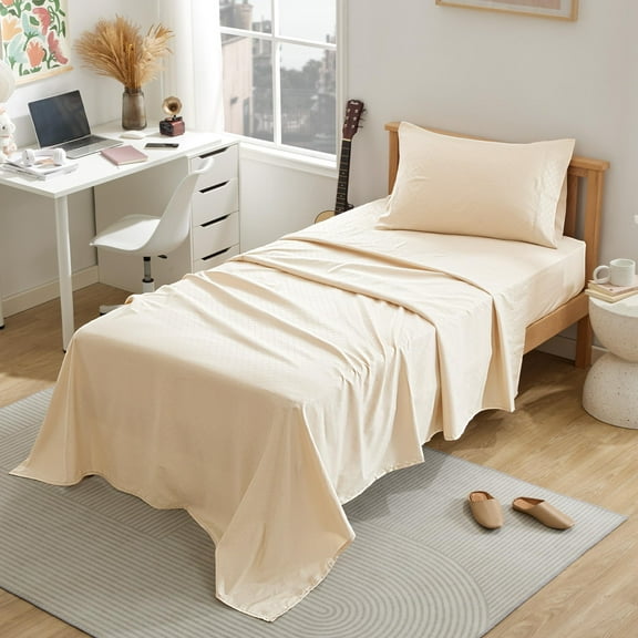 Sleep Zone Luxury Embossed Twin Bed Sheets Set for Kids, Four-Leaf Clover Pattern Sheet & Pillowcase Sets 3 Piece - Super Soft, Wrinkle Free, Fade Resistant, Deep Pocket 16" (Beige, Twin)