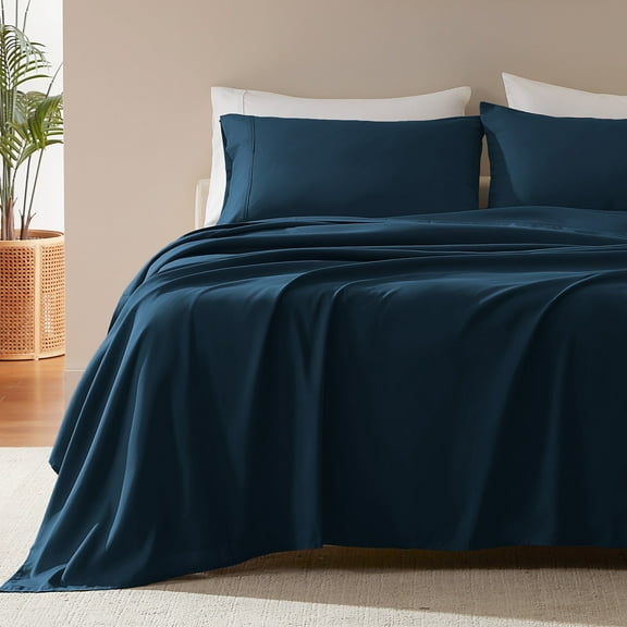 Sleep Zone Nanotex Super Soft Cooling King Bed Sheets Set 4 Piece - Easy Care Fitted Flat Sheet & Pillowcase Sets - Wrinkle Free, Fade Resistant, Deep Pocket 16" (Navy Blue, King)