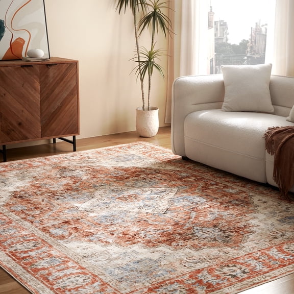 Sleep Zone 4x6 Area Rug for Bedroom, Machine Washable Area Rugs for Living Room, Low Pile Lightweight Non Slip Carpet, Vintage Rug for Dining Room, Home Office, Brick