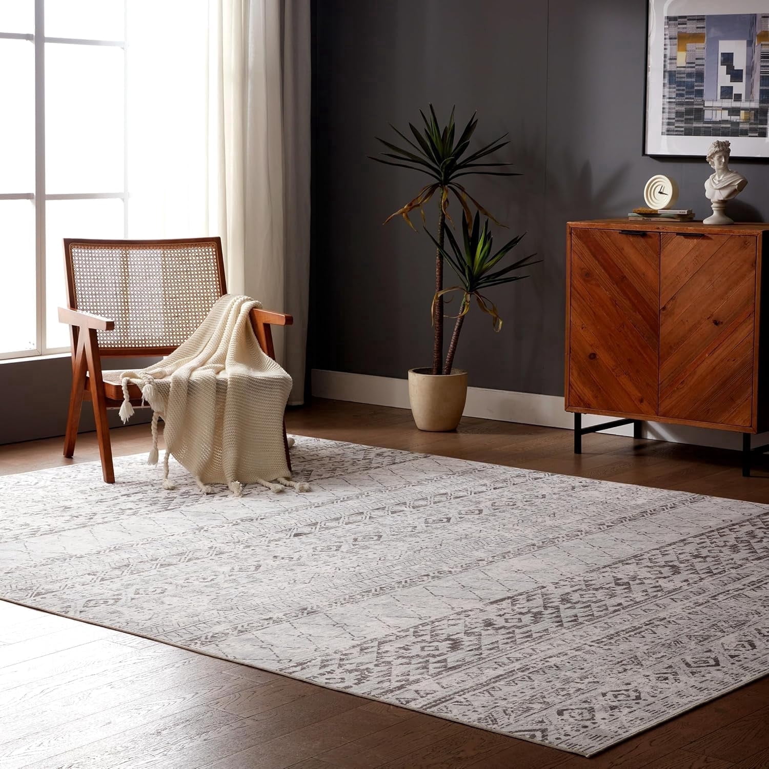 Sleep Zone 4x6 Washable Non Slip Area Rug Grey Boho Farmhouse, Wave edge Scalloped Water Resistant Rug for Bedroom Living room