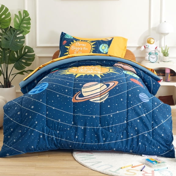 Sleep Zone 5 Pieces Bedding Super Soft Comforther Set, Soft Lightweight Bed in a Bag, Durable Children Bed Set, Easy Care, All Season (Solar System, Twin)
