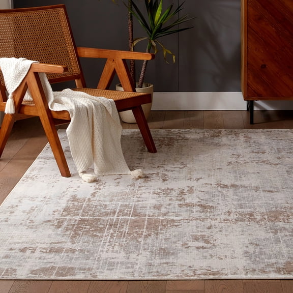 Sleep Zone 5x8 Washable Non Slip Area Rug Beige Abstract, Wave edge Scalloped Water Resistant Rug for Bedroom Living room