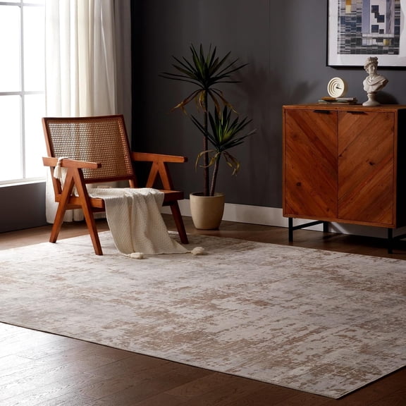 Sleep Zone 6x9 Area Rug for Bedroom, Washable Area Rug Non Slip Carpet for Livingroom, Abstract Vintage Low Pile Water Resistant Rugs Indoor, Beige Abstract
