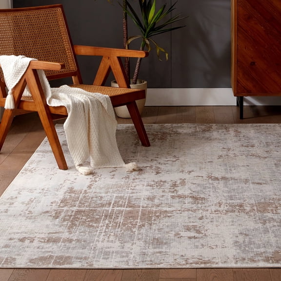 Sleep Zone 8x10 Washable Non Slip Area Rug Beige Abstract, Wave edge Scalloped Water Resistant Rug for Bedroom Living room