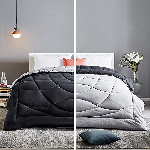 Sleep Zone King Size Comforter Duvet Insert, Down Alternative Reversible Comforter, Lightweight, Soft and Breathable Bedding All Season, A Side Black + B Side Grey