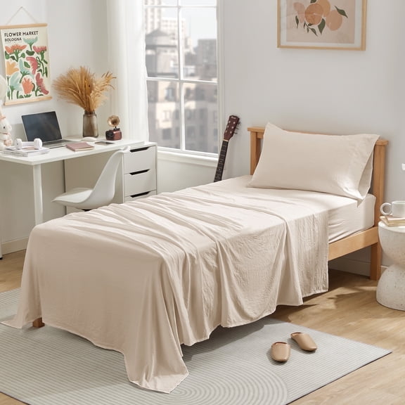 Sleep Zone Bed Sheets - Twin Sheets Set for Bed - Washed Microfiber - 3 Piece Hotel Luxury Bedding Sheets with Fitted Sheet, Flat Sheet & 1 Pillowcases - Deep Pocket (Beige)