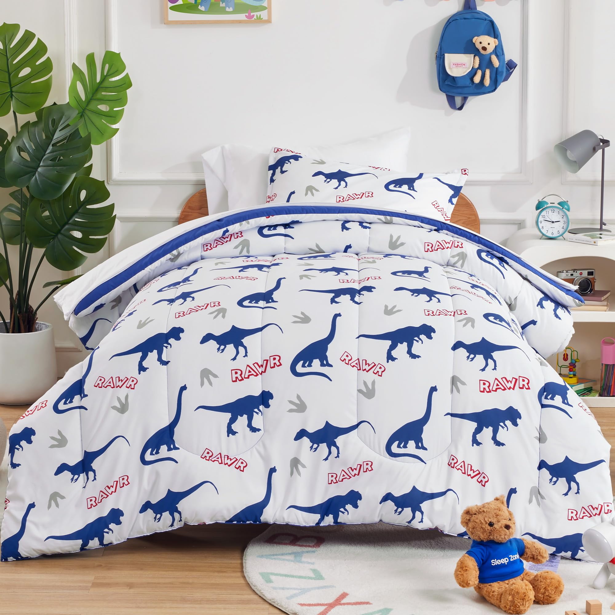 Sleep Zone Cartoon Dinosaur Comforter Set, Dark Blue Kids Bedding Set for Boys, Dinosaurs Print Comforter, Sheet, Pillowcase & Sham (Dinosaur Footprints, Twin)