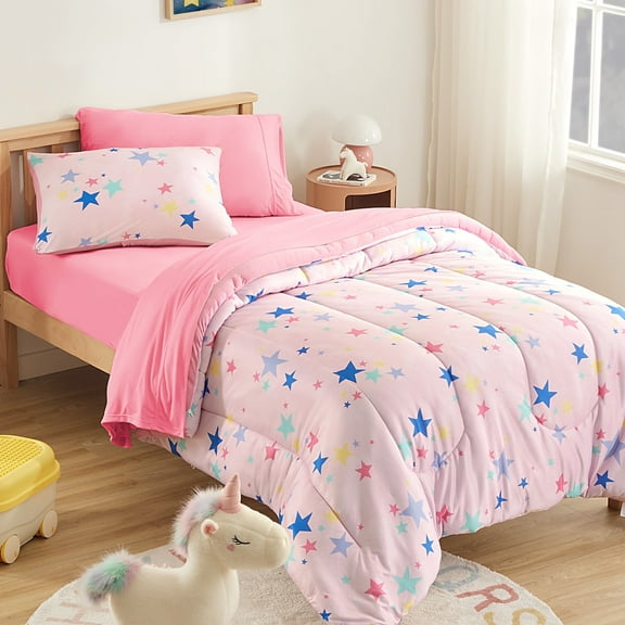 Sleep Zone Jersey Knit Pink Comforter Set Twin Size, Breathable & Soft Kids Bedding Set 2-Piece with Comforter, Pillowcase (Colorful Stars, Twin)